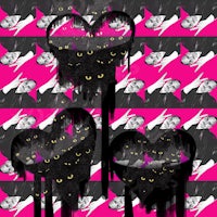a black and pink background with a cat and a heart