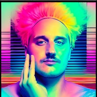 a man with colorful hair and a moustache is posing in front of a colorful background