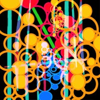 an abstract painting with colorful circles and lines on a black background