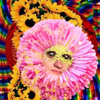 an image of a flower with a pink face and sunflowers