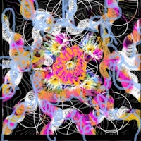 an abstract painting with colorful swirls on a black background