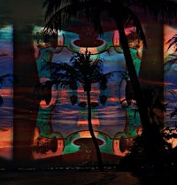 a projection of palm trees on a beach at night
