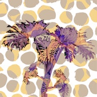 purple and yellow flowers on a polka dot background